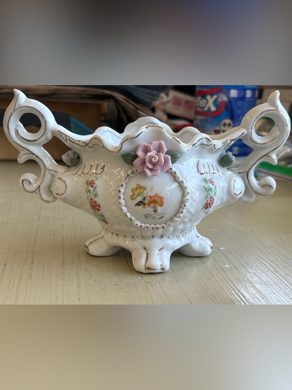 Porcelain Floral Decorative Planter with Pink Rose Accent